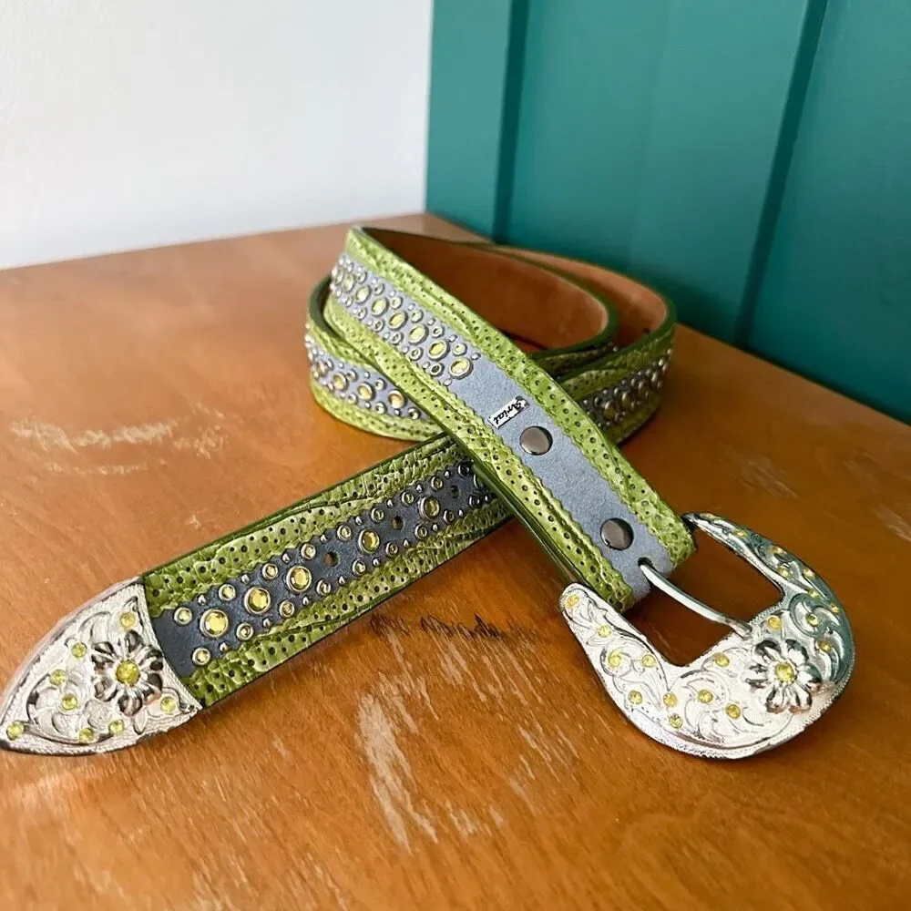 Ariat Women’s Suede Dusty Blue Green Leather Heavily Beaded Chartreuse Stone Bel